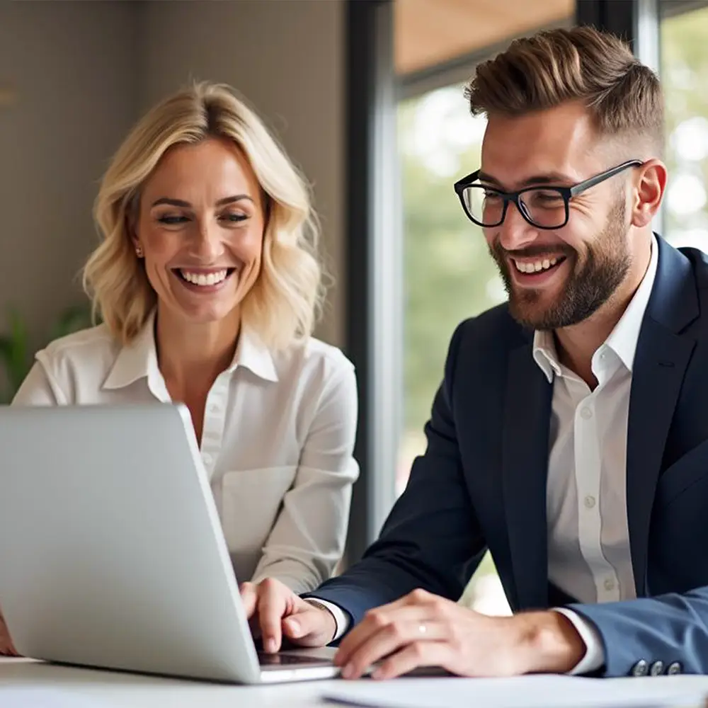 This image represents happy executives reviewing website performance metrics, showcasing the impact of an Indianapolis SEO company.