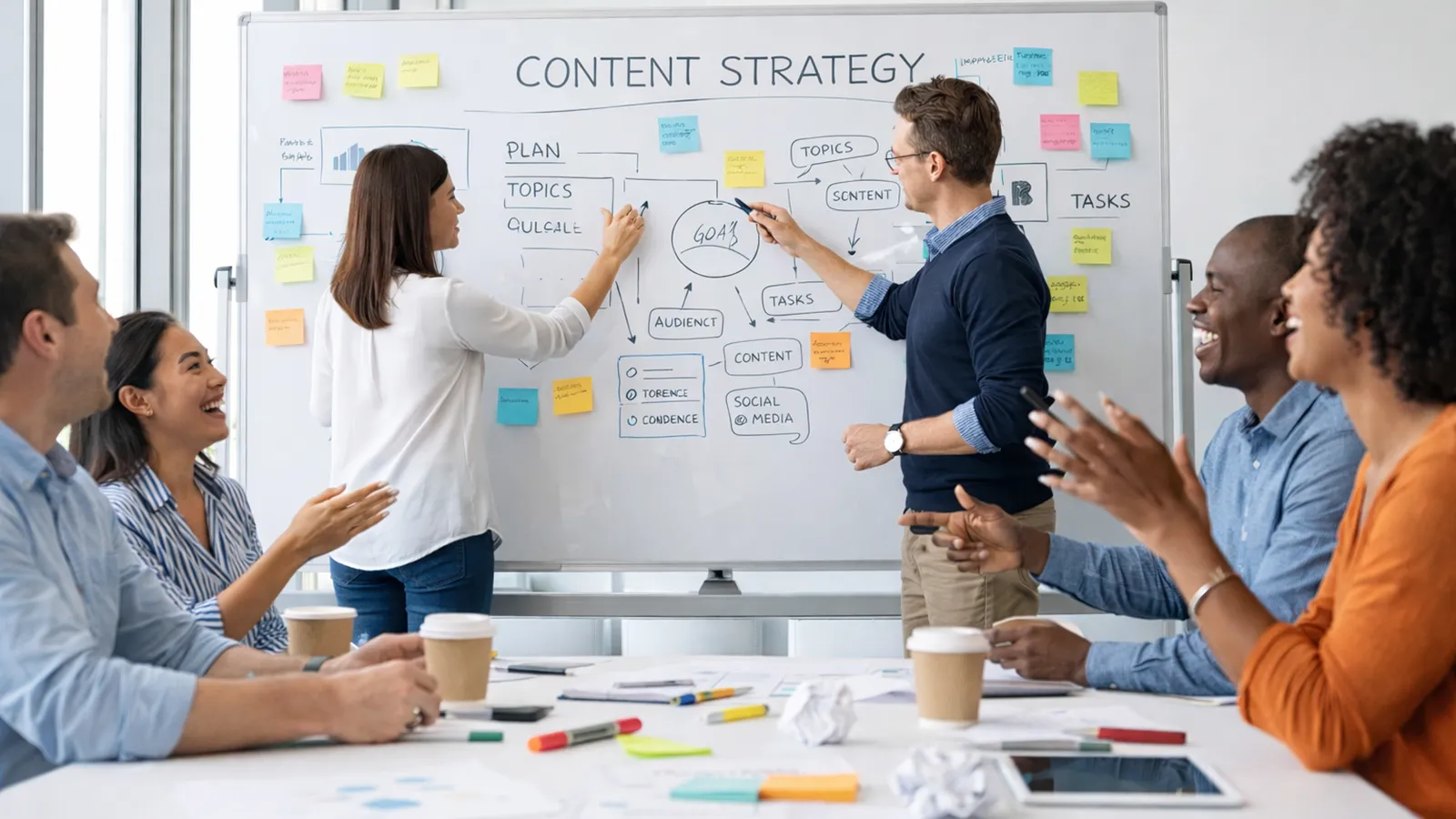 Marketing team planning content marketing strategy and reviewing editorial calendar