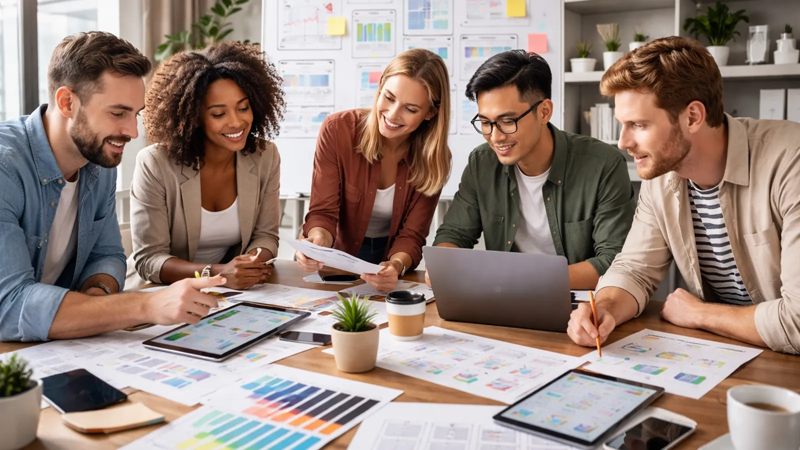 Digital marketing agency team collaborating on web design and marketing strategy