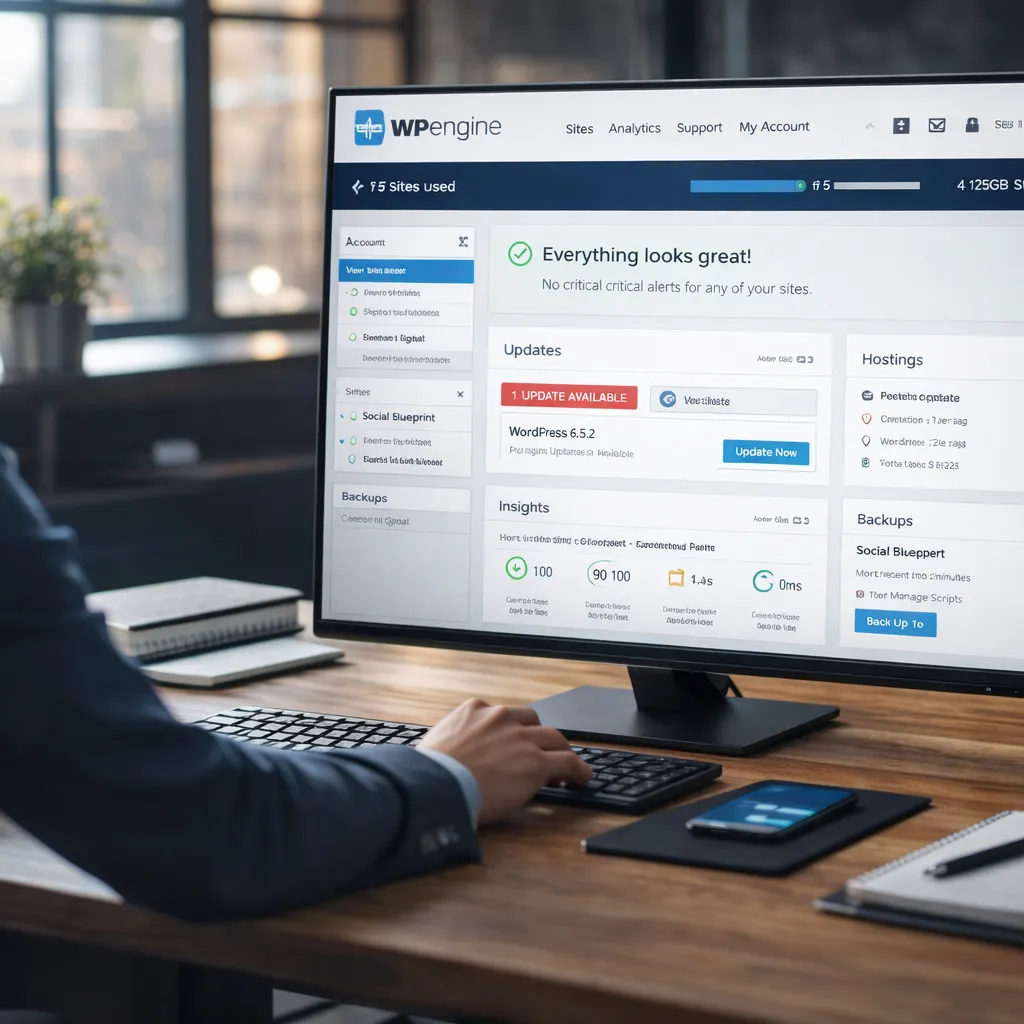 Website performance and hosting dashboard displayed on desktop monitor in professional office setting.
