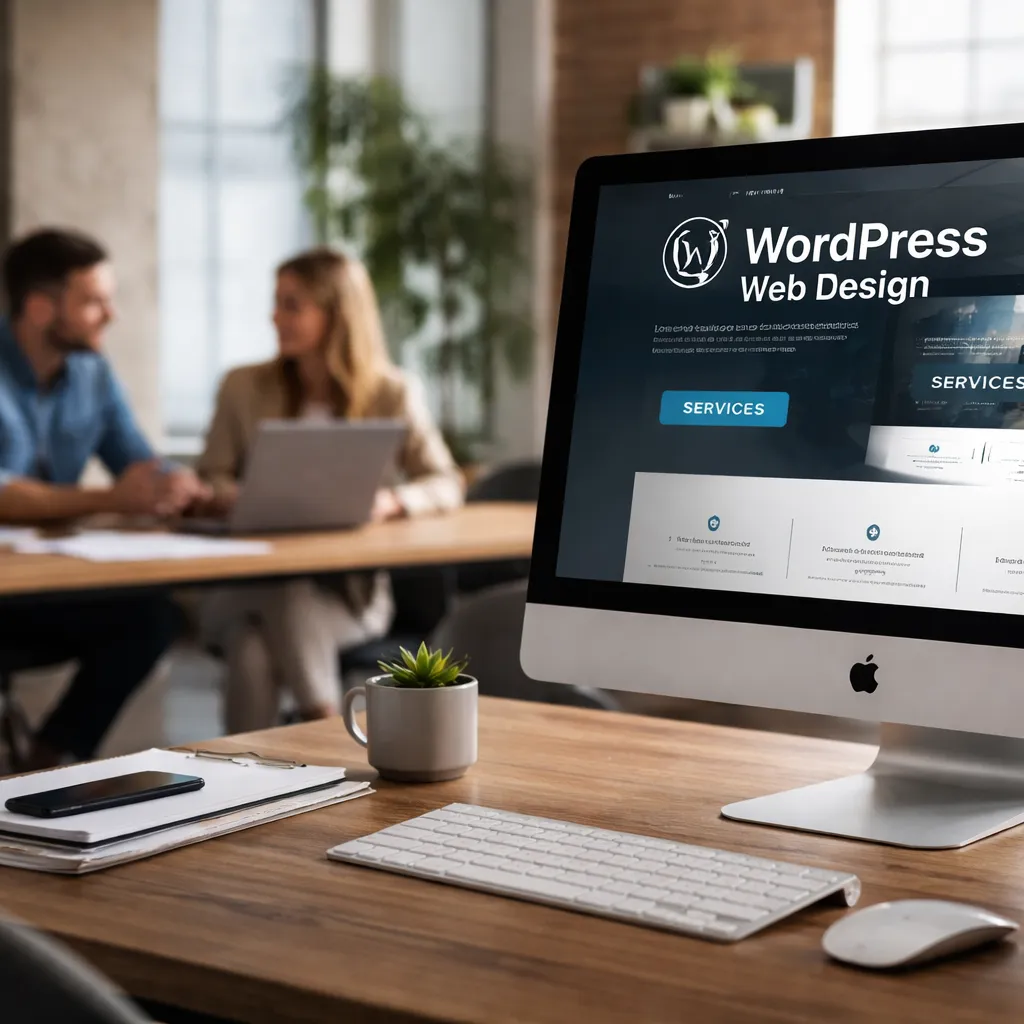 Custom WordPress web design project displayed on desktop monitor in modern office